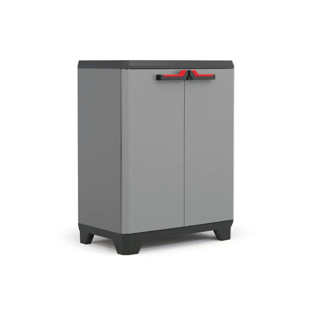 Keter Armoire Basse STILO - Armoire de Rangement Verrouillable - Étagère et Pieds Ajustables, Poignée Soft Touch - Cuisine, Garage, Atelier, Placard - 68 x 39 x 90 cm - Gris/Noir/Rouge