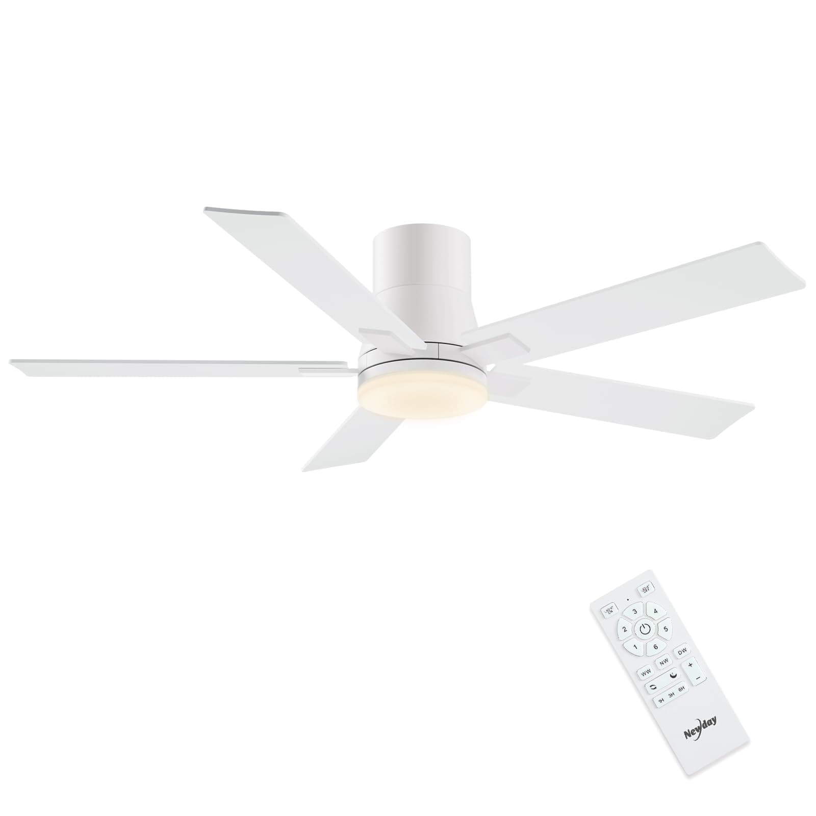 Newday 122cm Ventilateurs de Plafond Blanc avec Lumiere et Telecommande, 5 Pale de 2 Couleur, 24W LED Dimmable, 6 Vitesses, Réversible Moteur DC Silencieux Pour Chambre, Bureau, Salon, Montage à Flush