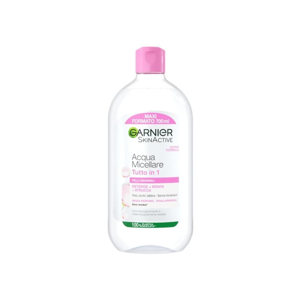 Garnier SkinActive Acqua Micellare Tutto in 1, Per Pelli Sensibili, 100% del Trucco Rimosso, Pelle Detersa e Idratata per 12H, Senza Residui e Senza Risciacquo, Con Micelle e Glicerina, 700 ml