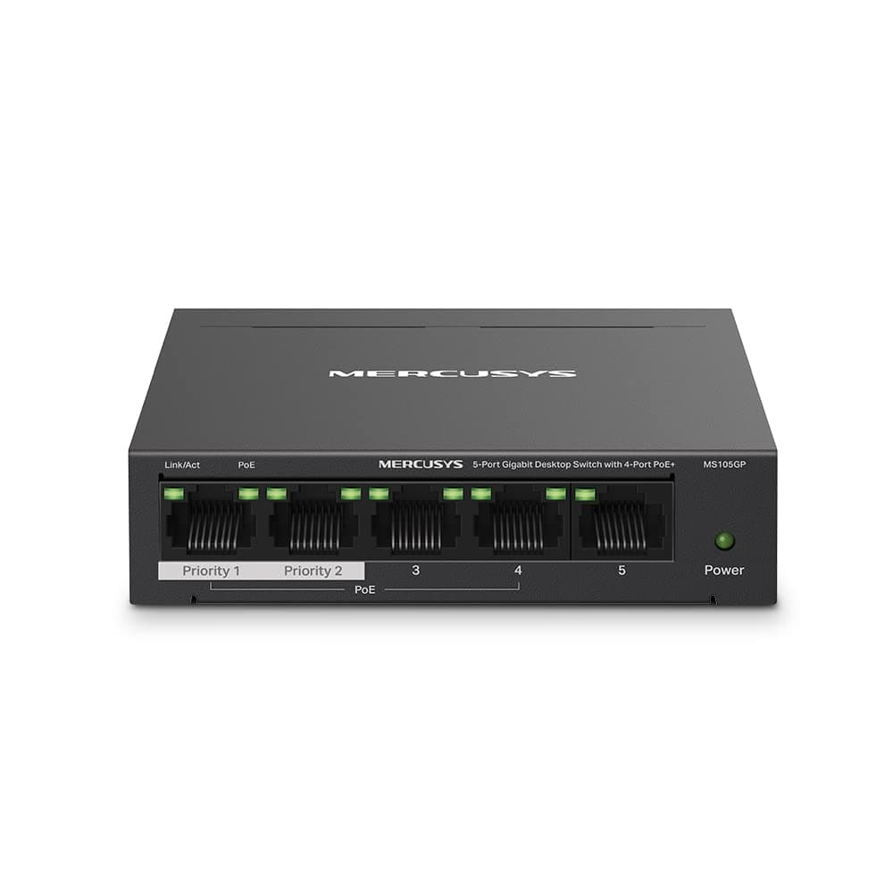 TP-Link Mercusys MS105GP PoE+ Switch 5 Porte Gigabit con 4 PoE+, 30W per Porta PoE, 65W su Tutte le Porte, 802.3af/at, Cassa in Metallo, Durevole e silenzioso, Sdoppiatore Ethernet, Plug&Play
