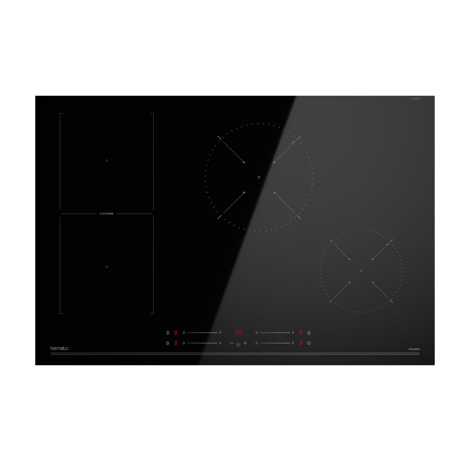 Hermitlux Plaque à Induction 4 Feux Encastrable, 77 cm, 7000W, Flex Zone, 9 Niveaux de Puissance, Fonction Booster, Minuteur, Verrouillage Enfants