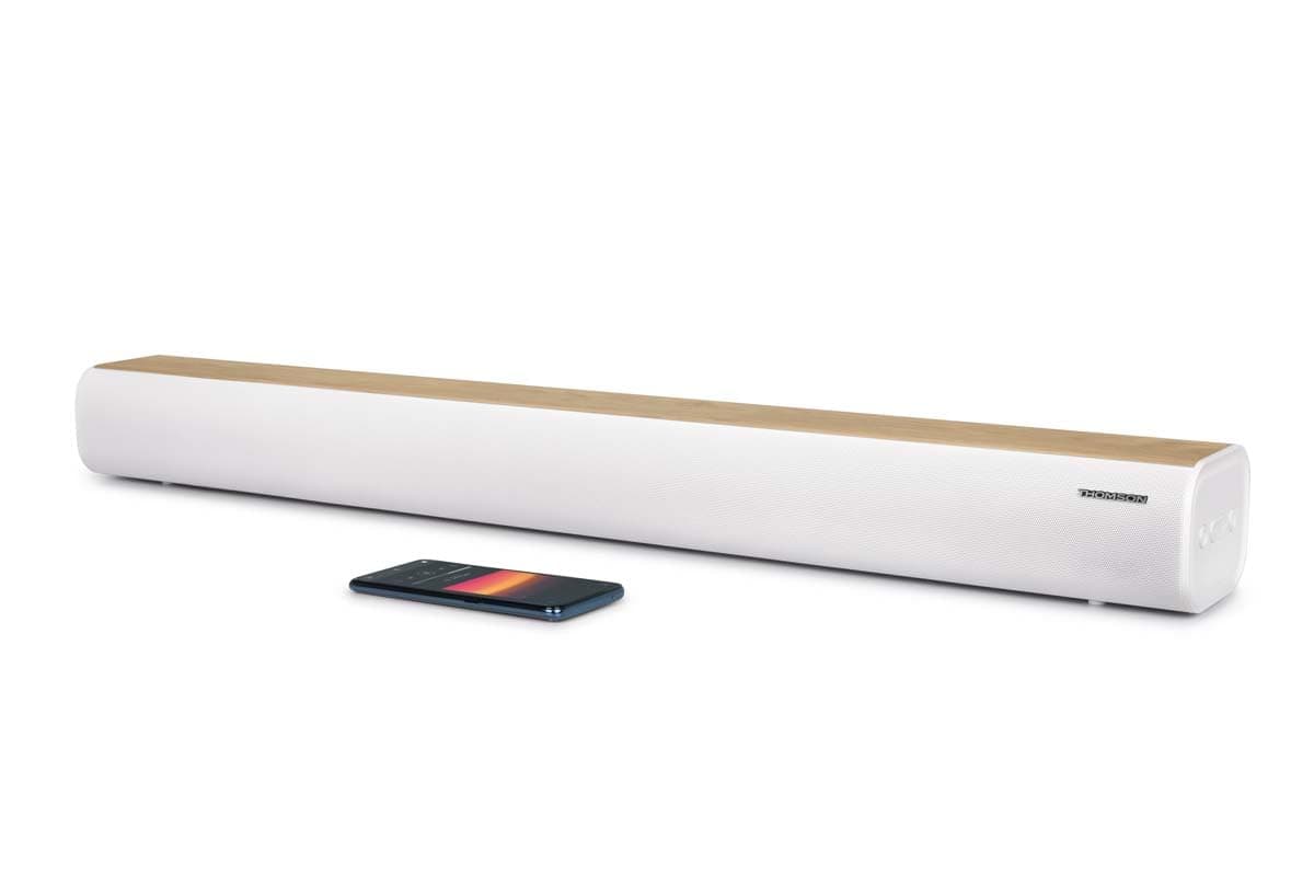 THOMSON SB401BT Soundbar - 200W de Potencia Musical Total - Bluetooth 5.0 - Entrada Óptica, USB y AUX - Preajustes de Ecualización - Control Remoto - Indicador de Fuente LED - Diseño Blanco y Madera