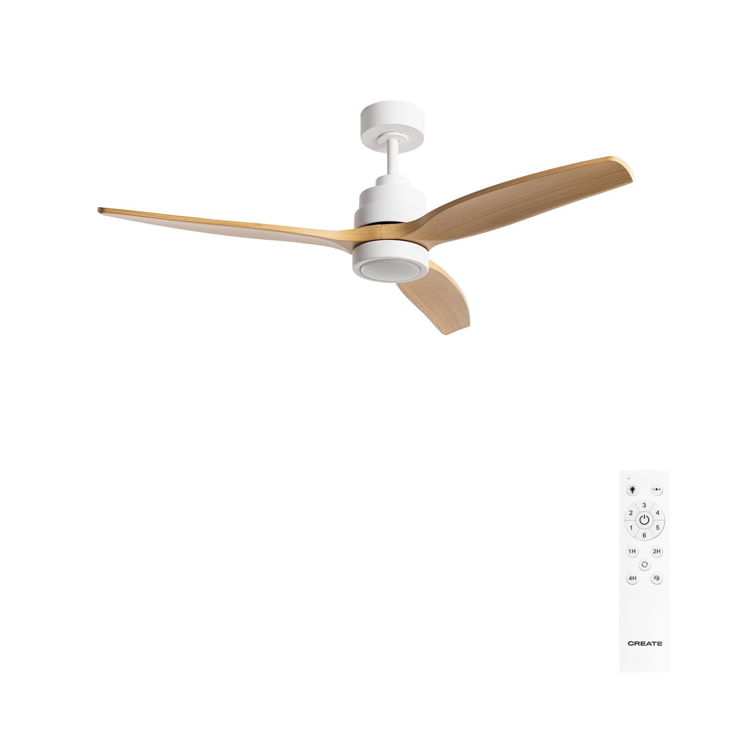 CREATE / WINDSTYLANCE M/Ventilateur de plafond en ABS avec éclairage blanc, pales effet bois naturel et télécommande / 40 W, Ø 132 cm, 6 vitesses, mode été-hiver, double hauteur, moteur DC