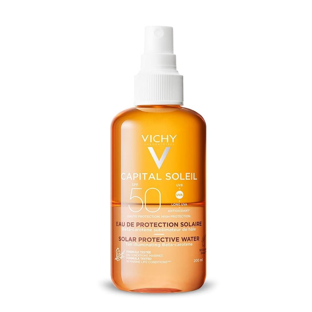 Vichy - Capitail Soleil Eau de Protection Solaire SPF 50 - Spray Solaire Qui Protège et Booste le Bronzage - Enrichie en Bêta-Carotène - Activateur de Bronzage Pour Tous Types de Peau - Hâle sublimé