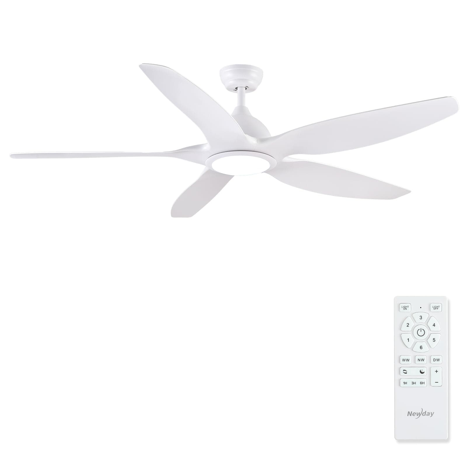 Newday 153cm Grand Ventilateur de Plafond Blanc avec Lumiere et Télécommande Silencieux, Plafonnier Ventilateur Moderne avec Moteur DC Réversible, 5 Pale Minuterie Dimmer pour Chambre Salon Terrasse