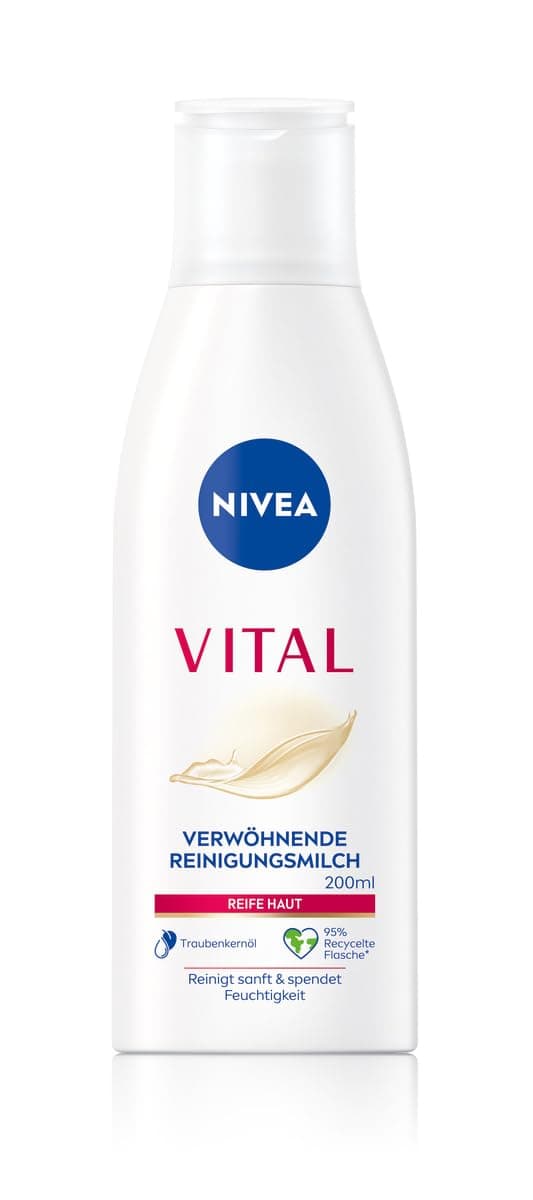 NIVEA VITAL Verwöhnende Reinigungsmilch, Gesichtsreinigungsmilch für reife Haut entfernt Make-Up und Hautverschmutzungen gründlich, sanfte Reinigungsmilch (200 ml)