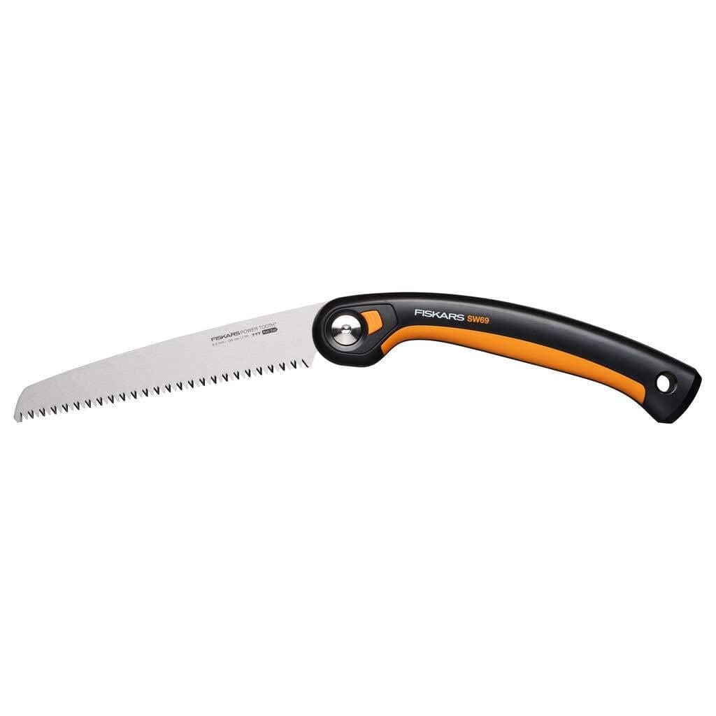 Fiskars Plus Klappsäge, Für dicke Stämme und Äste, 3 Schneidpositionen, Scharfes Power Tooth-Blatt, Grobzahnung, Blattlänge: 21 cm, Schwarz/Orange, SW69, 1067553