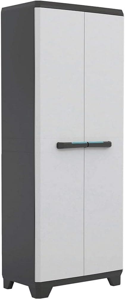 Keter Armario Linear Escobero|Armario Escobero de almacenaje|Resina|2 Puertas y 3 baldas|Color Negro/Gris,Tiradores En Azul|68 x 39 x 173 cm
