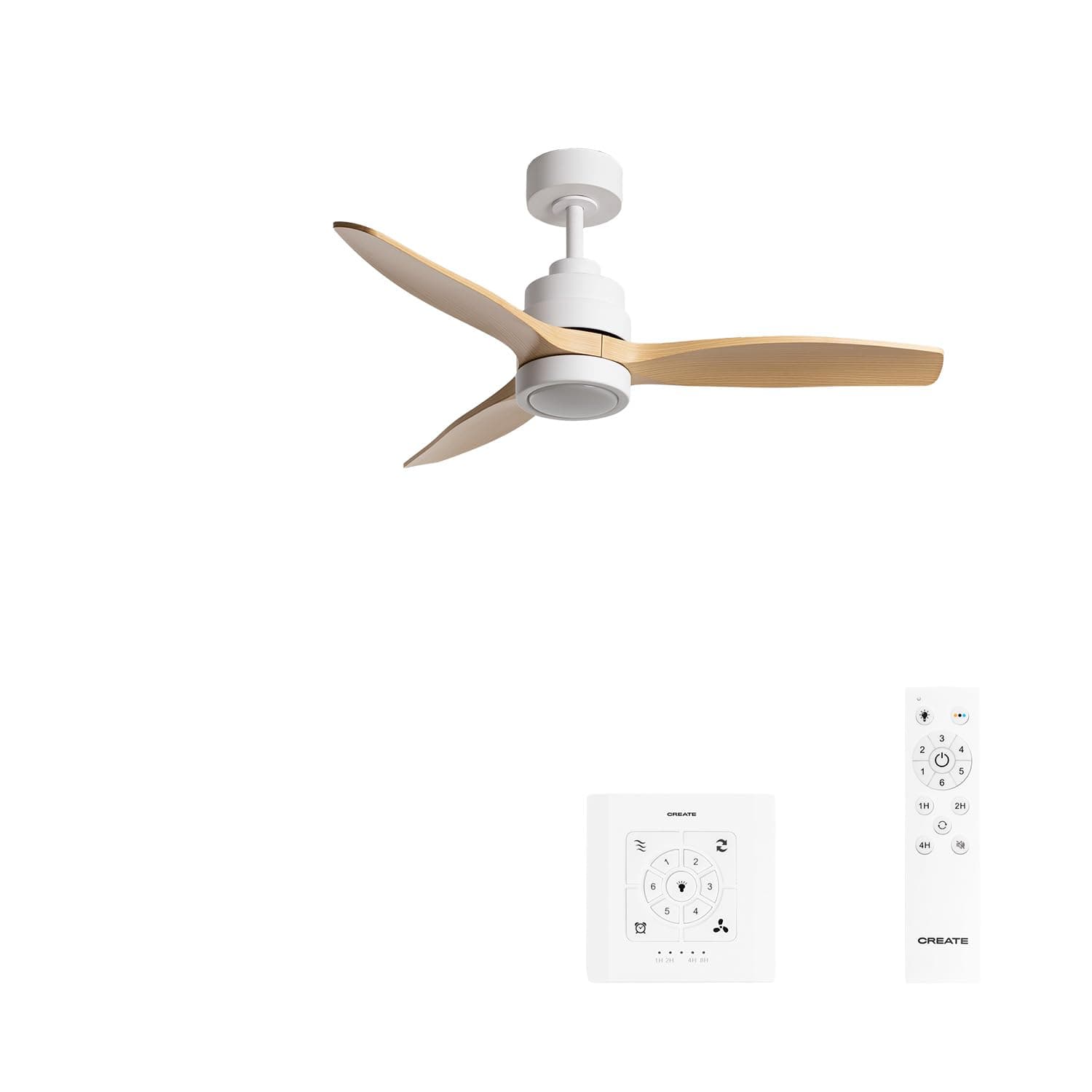 CREATE / WINDSTYLANCE S/Ventilateur de plafond ABS avec lumière blanche, pales effet bois clair avec contrôleur et télécommande / 40W, Minuterie, Ø112 cm, 6 vitesses, été-hiver, double hauteur