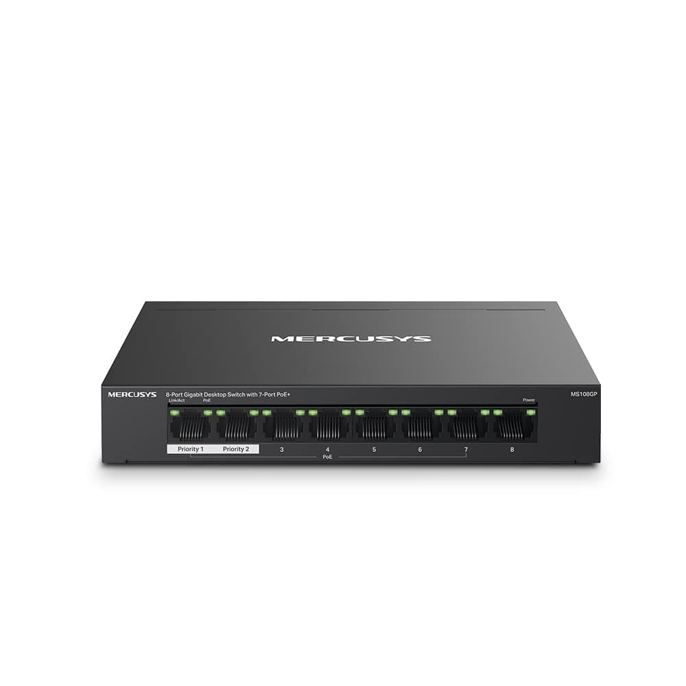 TP-Link Mercusys MS108GP PoE+ Switch 8 Porte Gigabit con 7 PoE+, 30W per Porta PoE, 65W su Tutte le Porte, 802.3af/at, Cassa in Metallo, Durevole e Silenzioso, Sdoppiatore Ethernet, Plug&Play