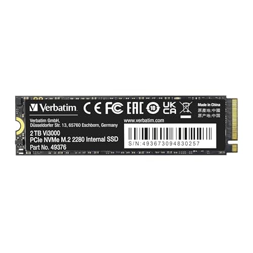 Verbatim Vi3000 NVMe M.2 Internal SSD, Internal SSD Drive with 2TB Data Storage, Solid State Drive with PCIe Gen 3 Interface, Black