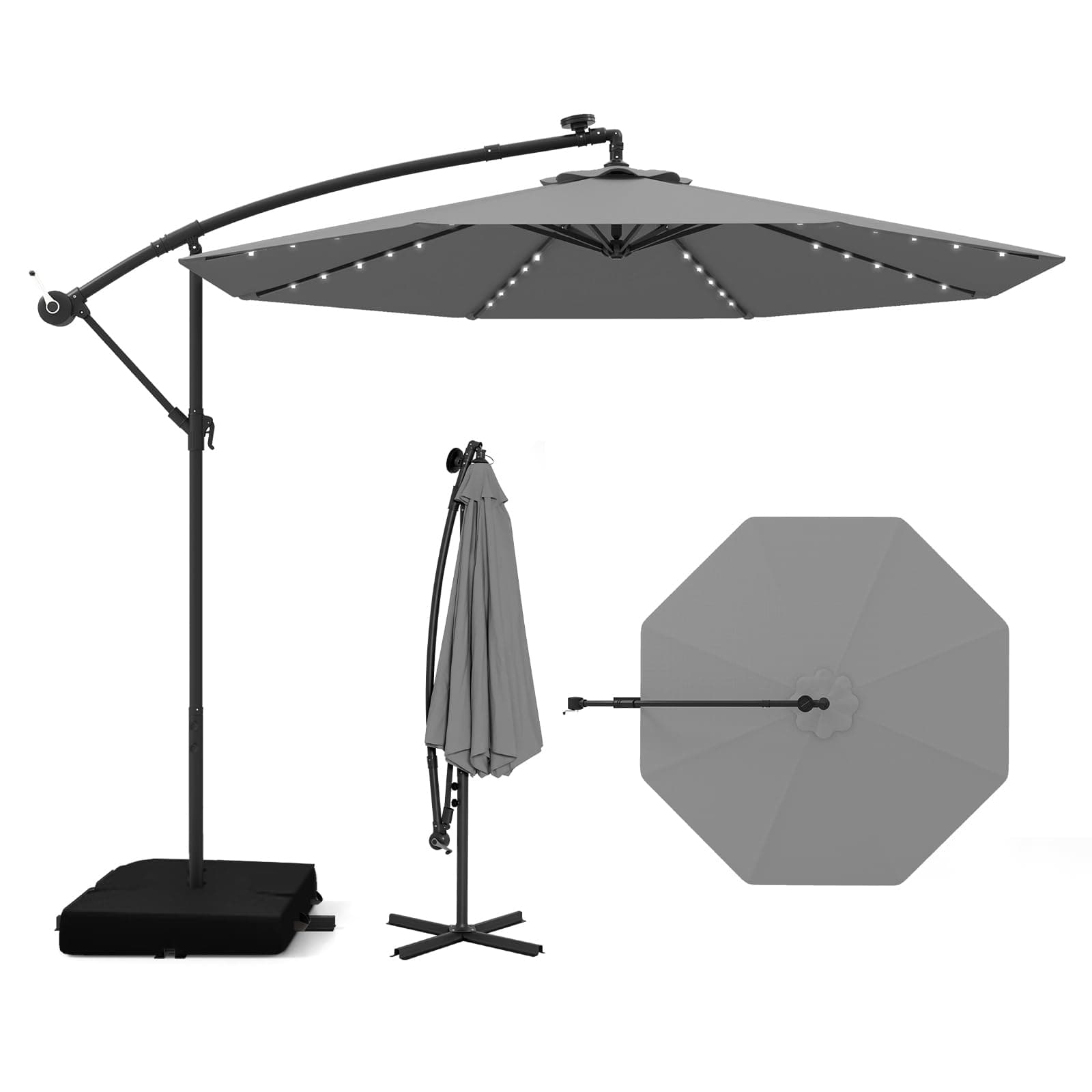 COSTWAY Parasol Déporté 3x3M, Parasol de Jardin Extérieur 40 LED Solaire avec 2 Sacs de Sable, Protection UV, Socle en Croix, Inclinable, Manivelle, pour Balcon, Jardin, Terrasse, Plage (Gris)