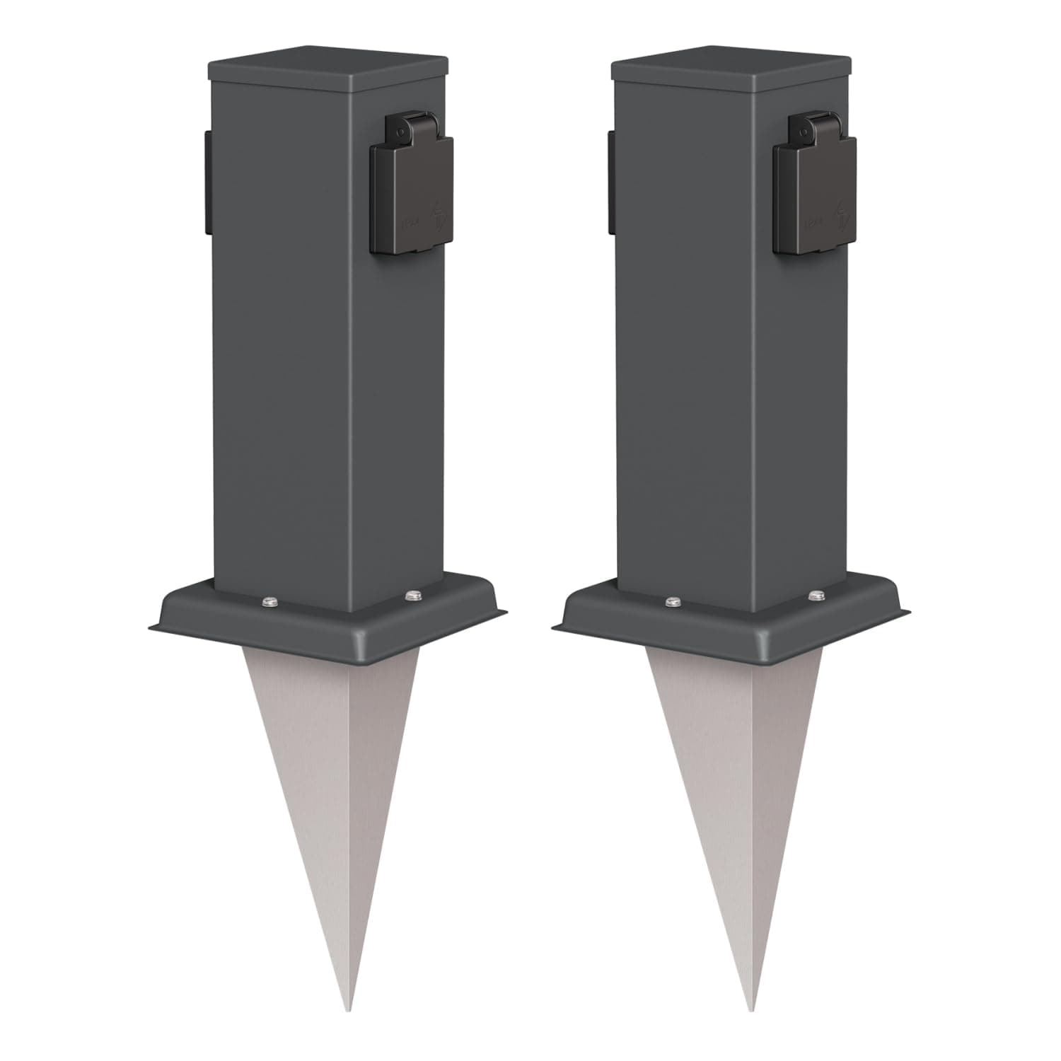 ledscom.de 2 Stück Garten-Steckdosen-Säule Polly mit Erdspieß für außen, IP44, 2-Fach, anthrazit, eckig, 27cm