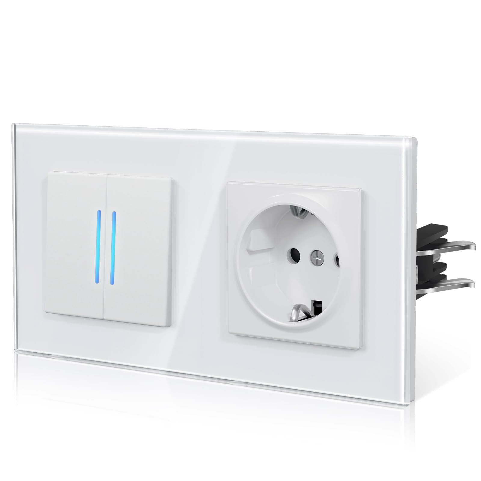 BSEED Lichtschalter mit Steckdose aus Glas, Unterputz Schalter Hintergrundlicht mit Krallen, Wechselschlter NEU E-Serie,2 Fach 2 Wege,Weiß 157mm