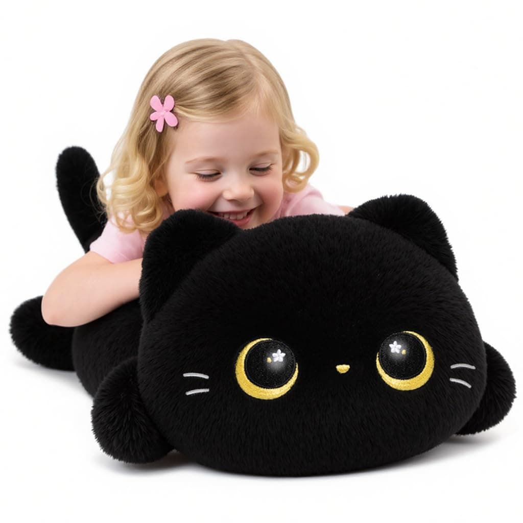 Mewaii Coussin en Peluche Mignon Chat Noir, Peluche Kawaii Chat Noir, Coussin Souple, Jouets d'accompagnement pour Enfants (20 Pouces)