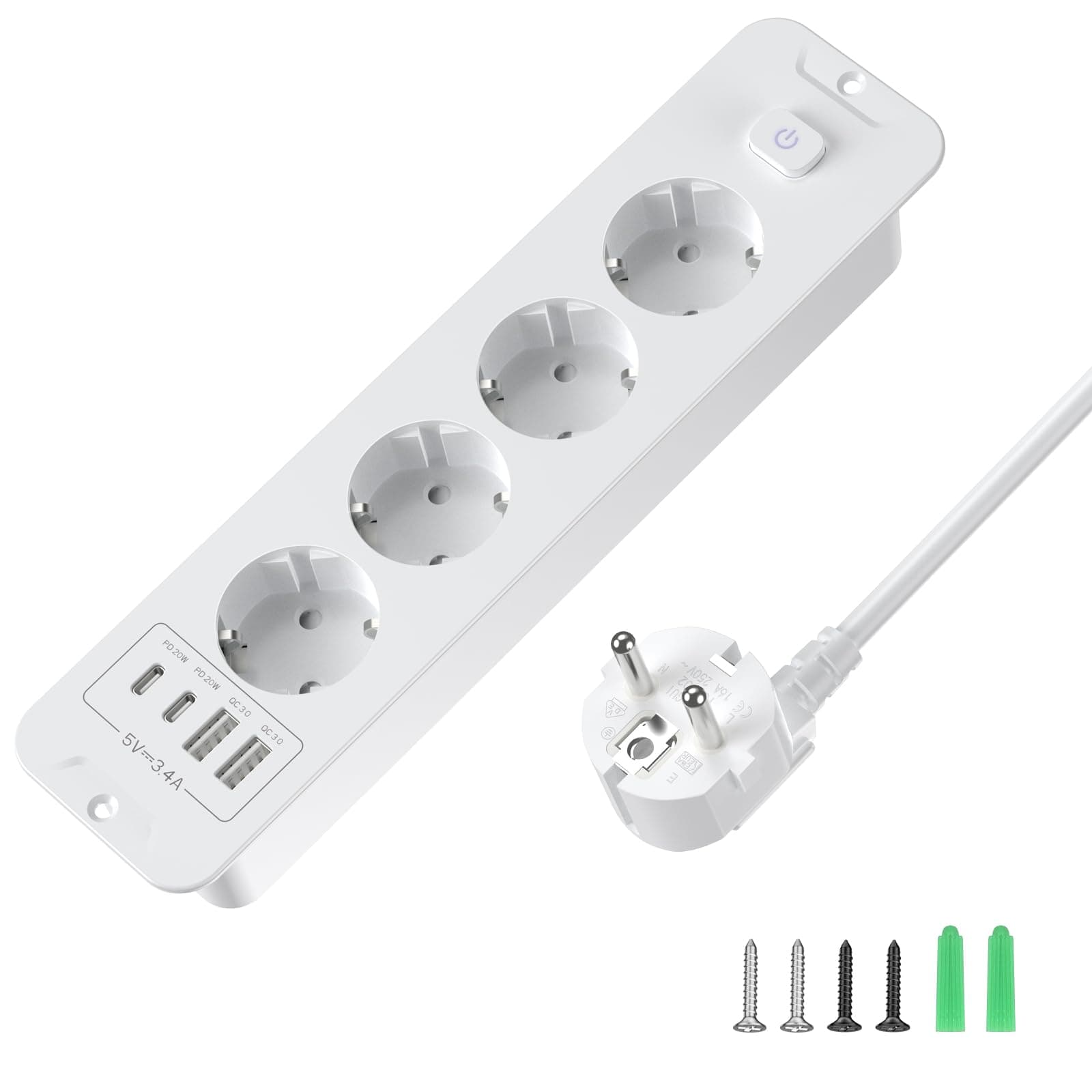 Toma de Empotrar Corriente con 2 USB y 2 Type-C, 4 Tomas Enchufes Multiple Empotrada de Sobremesa con Interruptor, Regleta de Enchufes Empotrada con Cable de 2M para Muebles de Encimera, Blanco