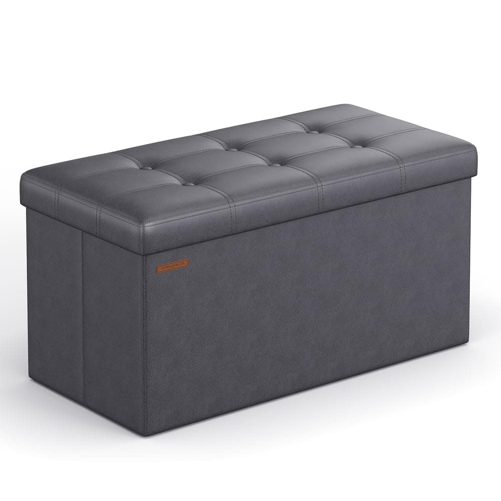 SONGMICS Puff Almacenaje Plegable de 76 cm, Banco de Almacenamiento, Reposapiés, Mesa de Centro, Asiento Acolchado, Piel Sintética, Soporta hasta 300 kg, Gris Oscuro LSF040G01
