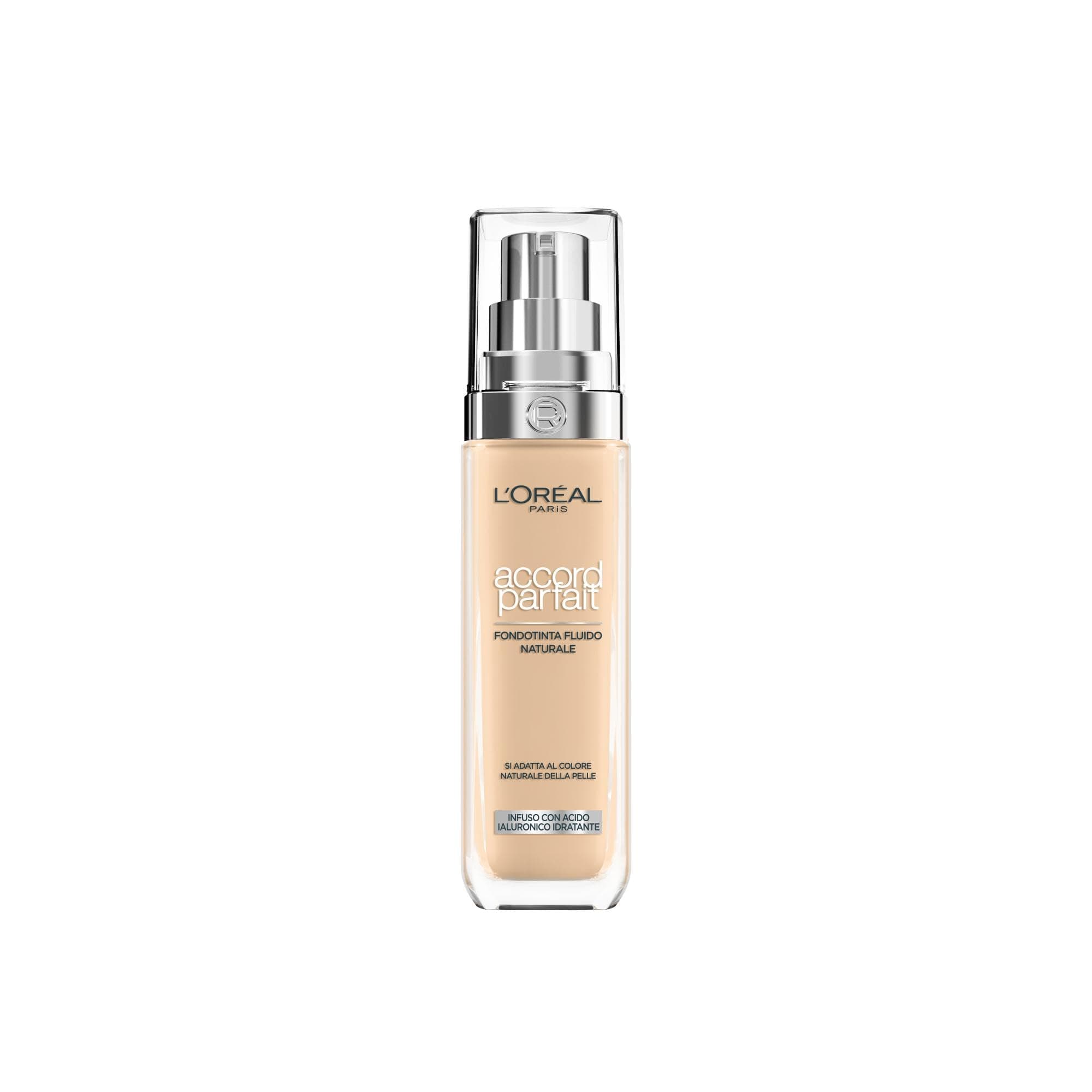 L'Oréal Paris Fondotinta Liquido, Incarnato Uniforme e Illuminato, Finish Naturale, Per Tutti i Tipi di Pelle, Formula con Acido Ialuronico, Accord Parfait, Tonalità: 4N Beige, 30 ml