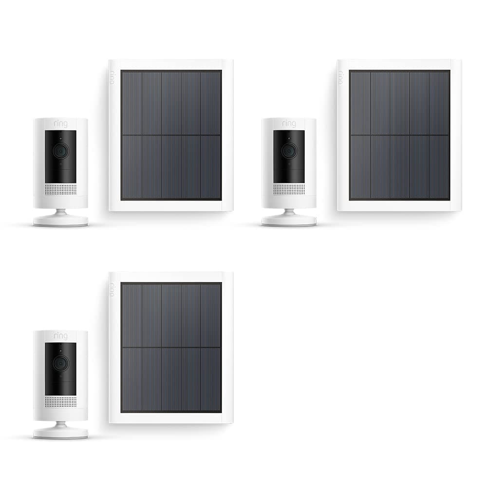 Ring Cámara exterior solar (Stick Up Cam) | Cámara de vigilancia wifi HD para tu domicilio con comunicación bidireccional, instalación fácil | 30 días gratis de Ring Home | 3 Cámaras