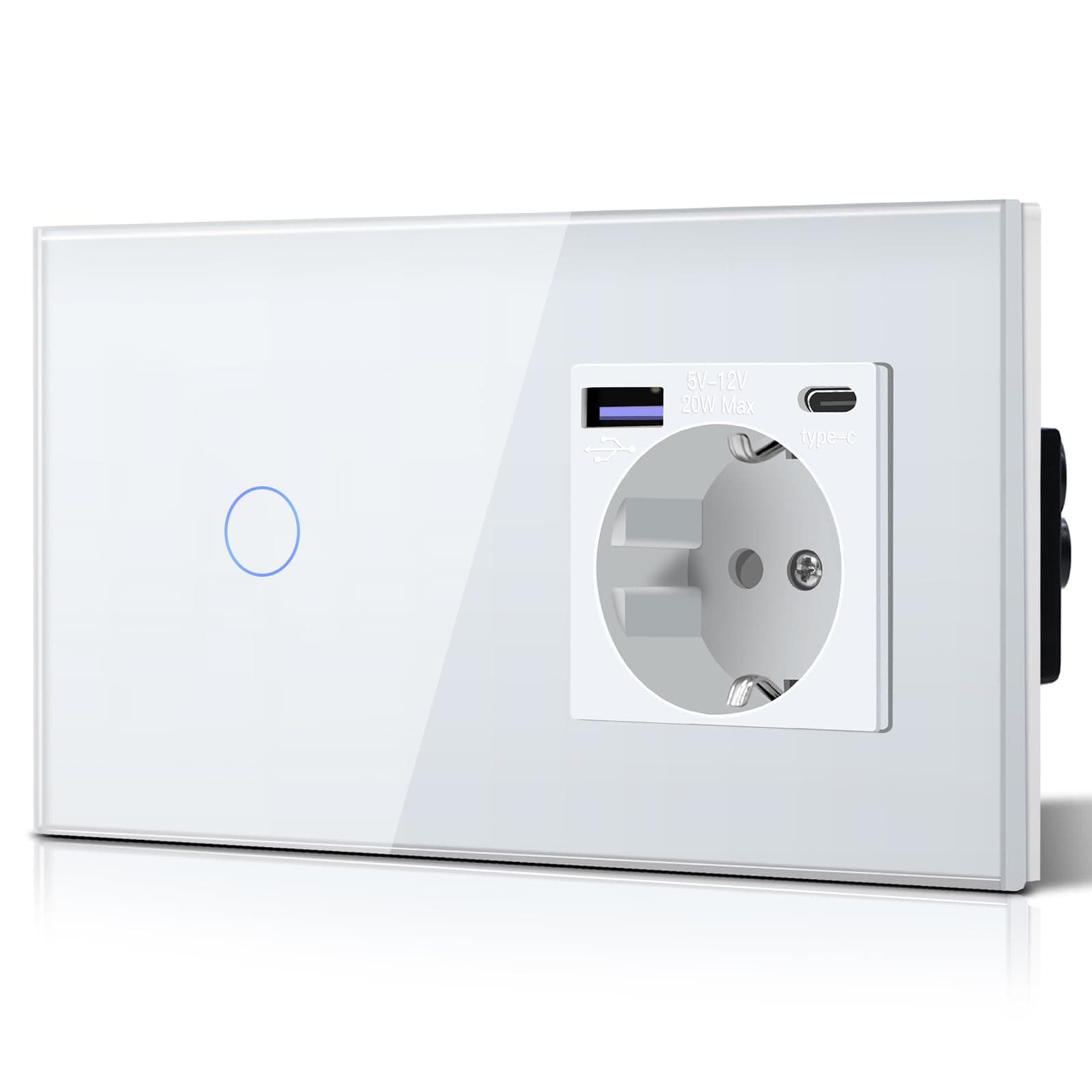 BSEED Lichtschalter mit Steckdose 20W USB C, Schnellladegerät Wandsteckdose aus Glas, 1 Fach 1 Weg Touch Schalter, Einfache Installation, 240V 16A, 157mm Weiß