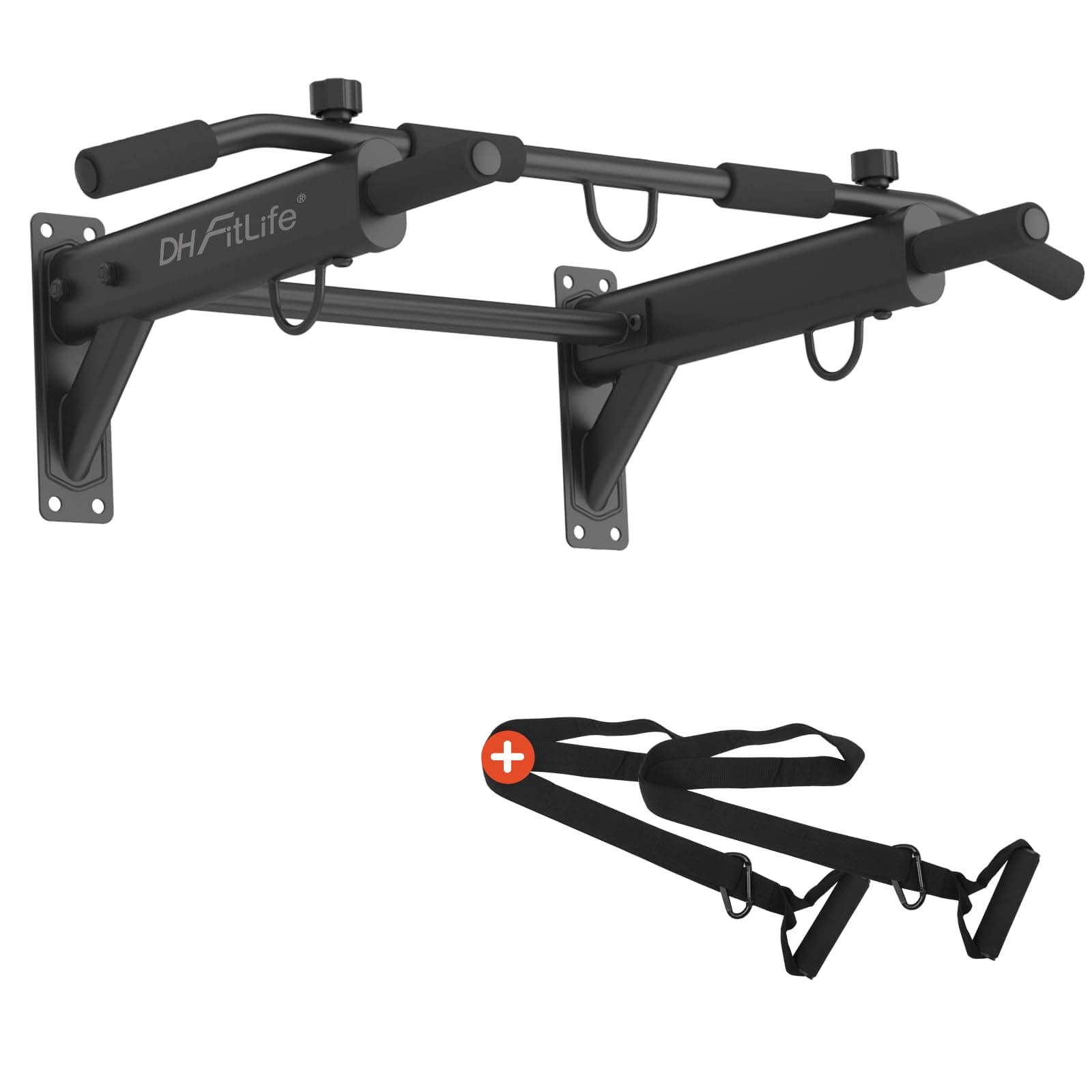 DH FitLife Barra de Dominadas Pared 4 en 1 con Tacos de Expansión | Pull-Up Bar Multifuncional para Casa | Hasta 200 kg | 6 Asas Antideslizantes | 3 Ojales para Saco de Boxeo y Cintas de Suspensión
