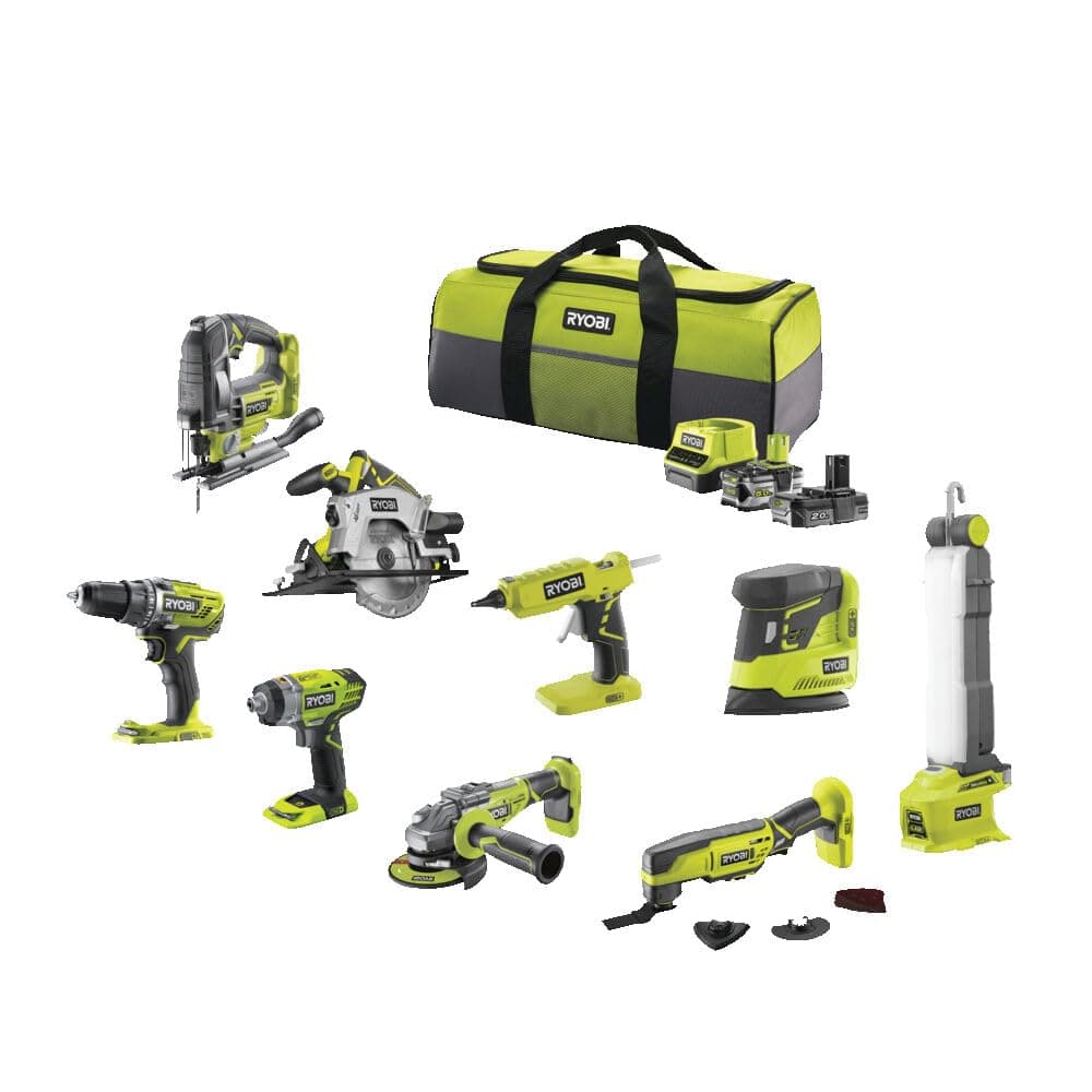 RYOBI - Pack 9 Outils 18V ONE+ : Perceuse, Visseuse à chocs, Meuleuse, Multi-Tools, Pistolet à Colle, Scie Circulaire, Scie Sauteuse, Lampe, Ponceuse + 2 Batteries et Chargeur - R18CK9B-252SLZ