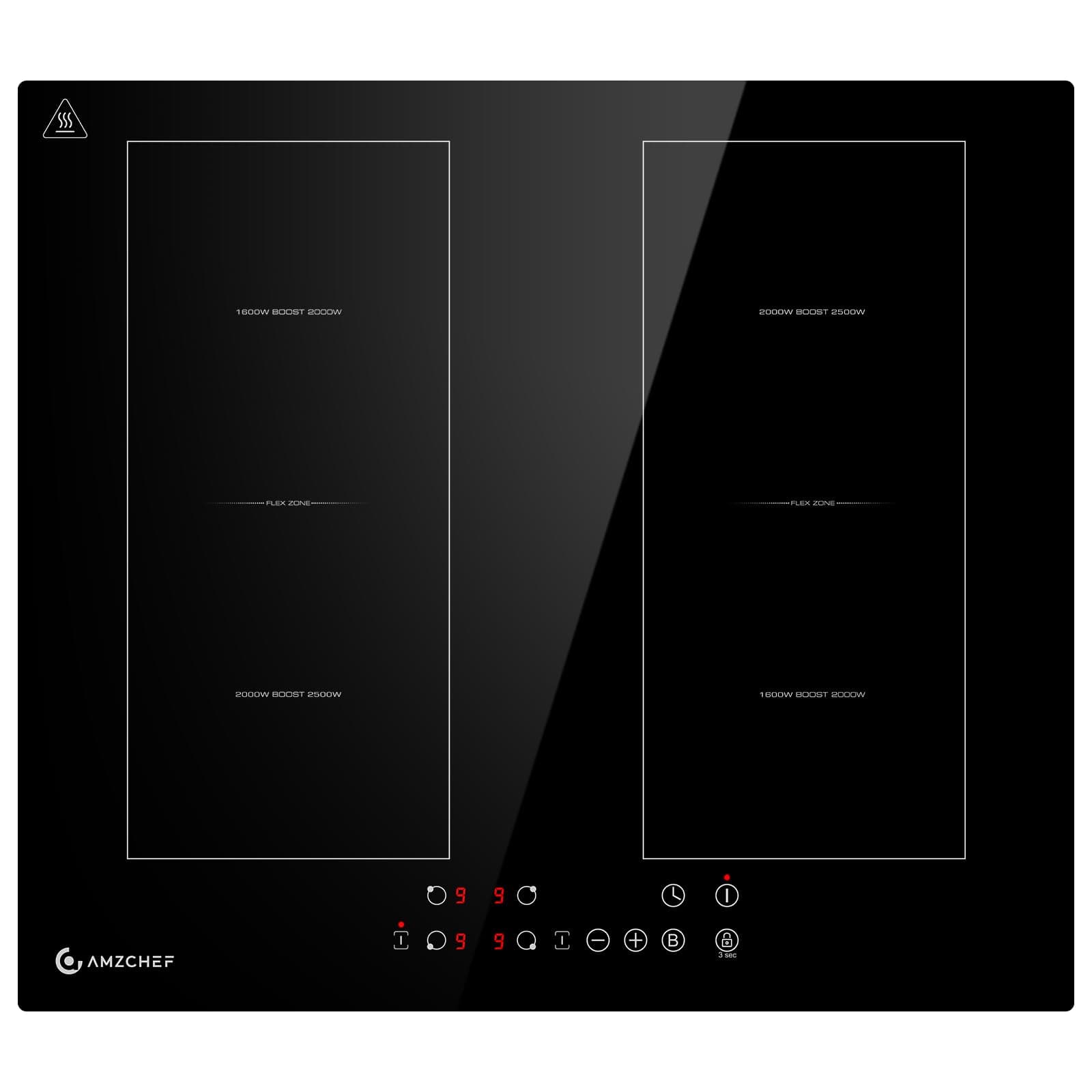 AMZCHEF Placa de inducción 4 zonas de 60cm con dos zonas flexibles, función boost y 9 niveles de potencia, temporizador, bloqueo de seguridad, protección contra sobrecalentamiento, barbacoa, 7200W
