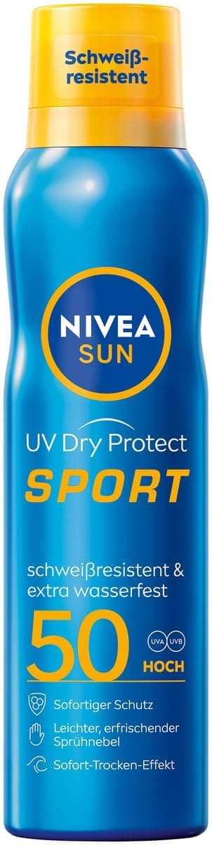 NIVEA SUN UV Dry Protect Sport Sonnenspray LSF 50, 100% transparenter und erfrischender Sonnenschutz, schweißresistente & extra wasserfeste Sonnencreme mit LSF 50, 200 ml