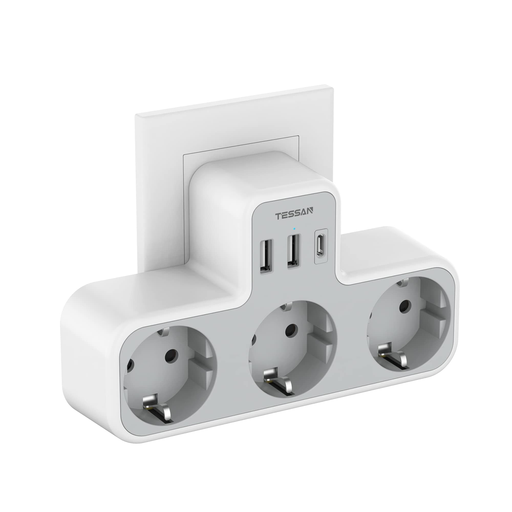 TESSAN Ladron Enchufes Plano con USB C, 6 en 1 Ladrón Enchufes Multiples USB, Triple Cargador Multiple 3600W, Regleta Pared para Oficina, Cocina, Compatible con Móviles, Blanco y Gris