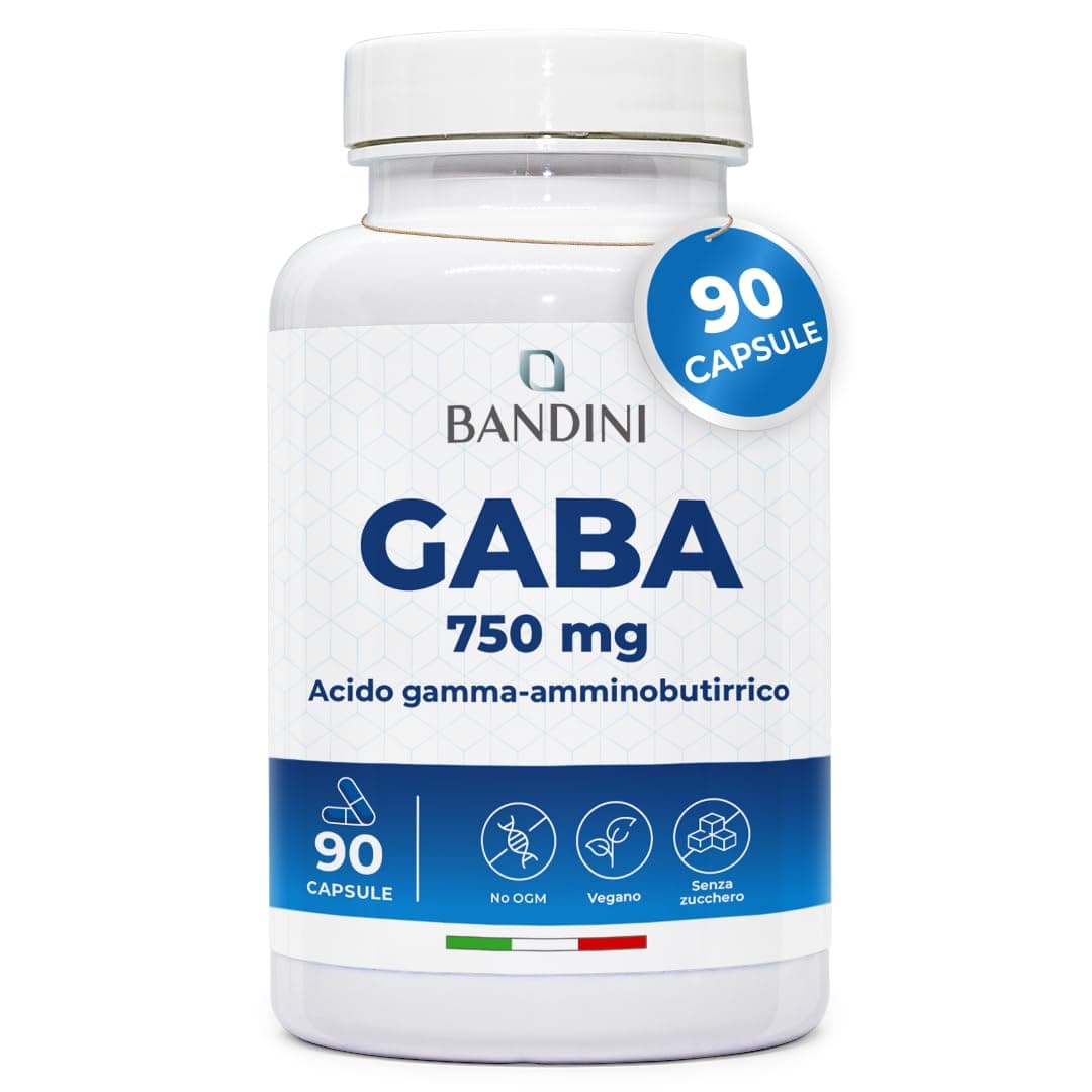 Bandini® GABA Integratore 750mg, 90 Capsule Vegan, Favorisce Sonno, Concentrazione, Rilassamento Fisico e Mentale, Acido Gamma-Aminobutirrico 750 mg per dose giornaliera, Per Stress e Ansia, 45 Giorni