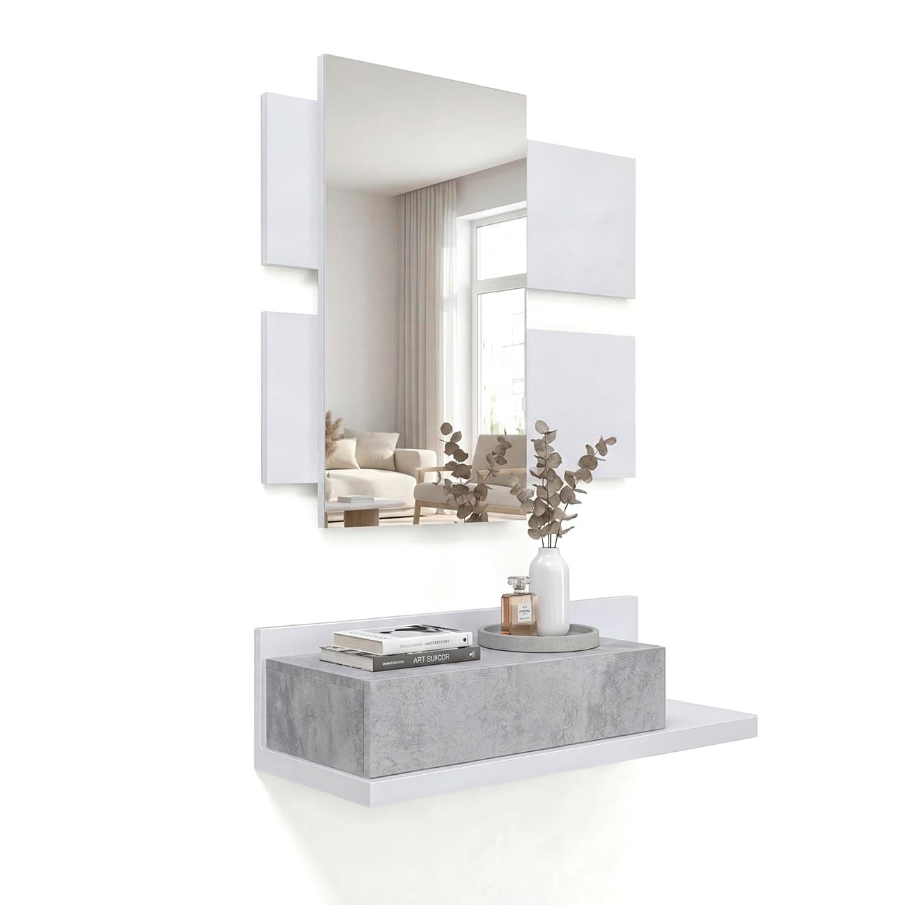 duehome | Recibidor con cajón y Espejo, Mueble de Entrada, Modelo Milo, Acabado en Blanco Artik y Cemento, Medidas: 75 cm (Largo) x 29 cm (Fondo) x 116 cm (Alto)