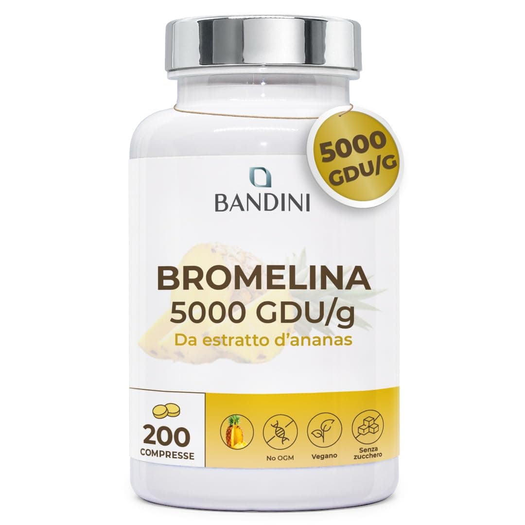Bandini® Bromelina Forte 5000 GDU/g Gastroprotetta 200 Compresse, Enzima Digestivo, Estratto di Ananas, Bromelina Strong, Pura, Alto Dosaggio, Maggior Assorbimento, 100% Vegano