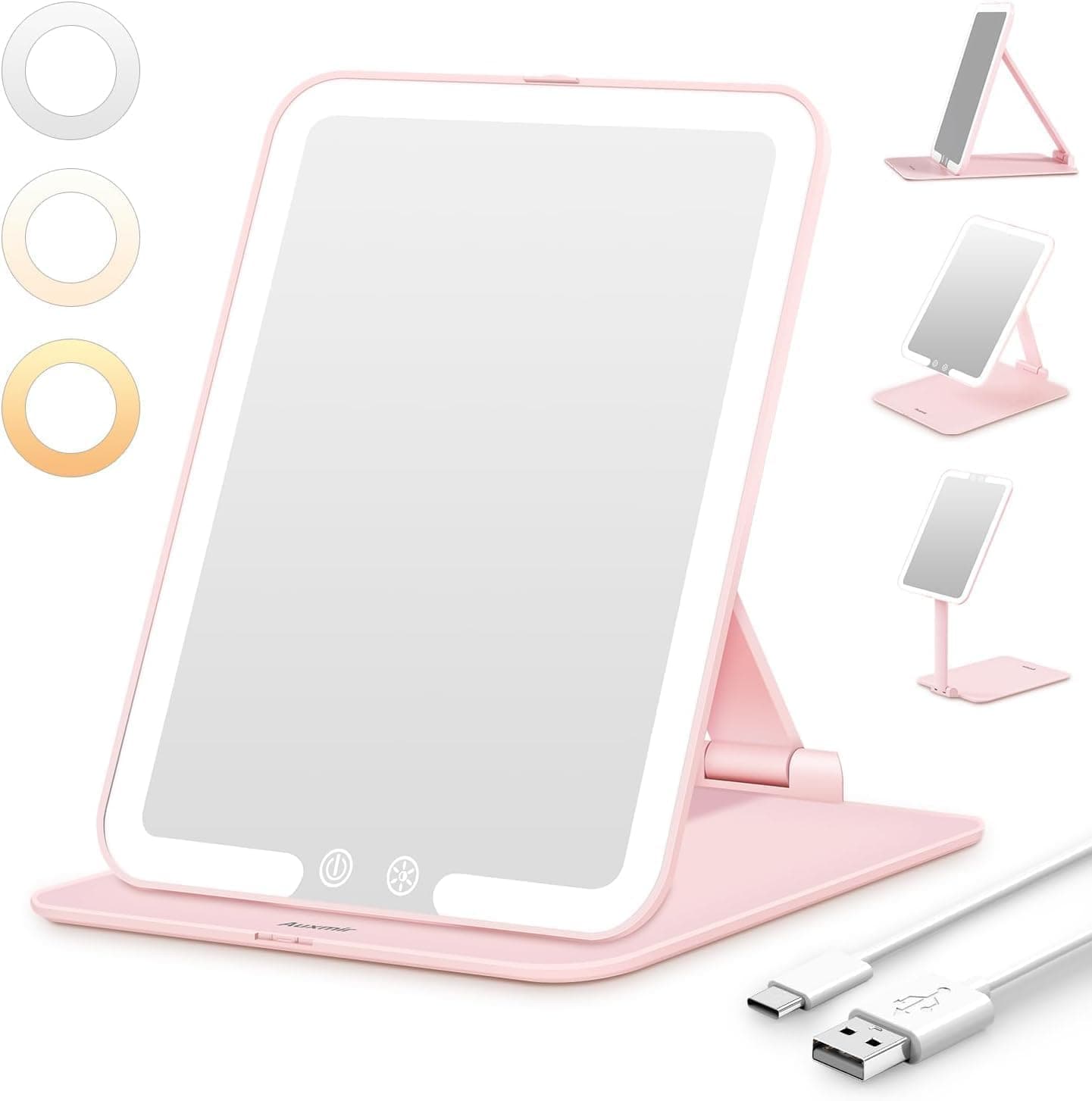 Auxmir Miroir Maquillage Lumineux avec 48 LED, USB Rechargeble, Mirroir Super HD avec Écran Tactile, Miroir Coiffeuse LED avec 3 Couleurs de Lumière pour Voyage et Chambre, Rose