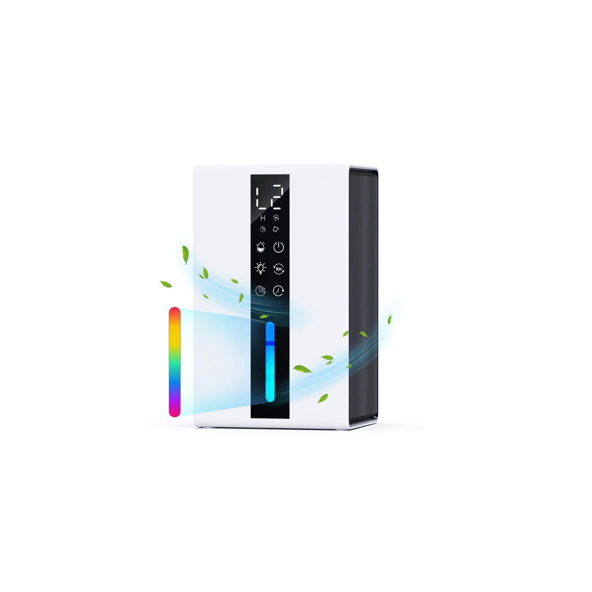 Deumidificatore Silenzioso con 1800ml, Deumidificatore Casa Muffa con Modalità Sospensione e Timer da 6-48 Ore, Controllo Umidità Auto (≥50% RH) Sbrinamento Auto, 7 Luci RGB, Basso Consumo Energetico