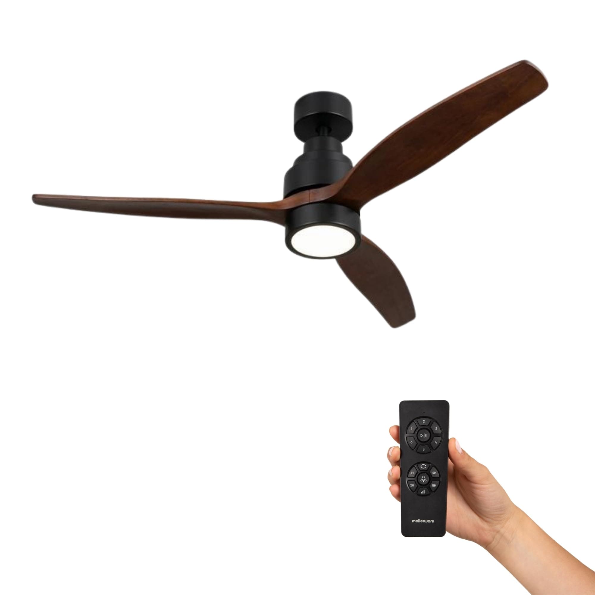 Mellerware - Ventilador de Techo Led con Mando a Distancia Brizy! | 30 W | 6 Velocidades | Ultra silencioso | Función Verano-Invierno | Temporizador | 3 Aspas | 132 de Diámetro | Motor DC | Dark Wood