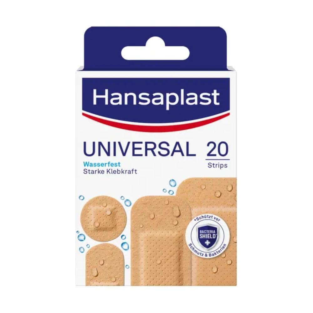 Hansaplast Universal Pflaster (20 Strips), schmutz- und wasserabweisende Wundpflaster, Pflaster Set mit starker Klebkraft & Bacteria Shield