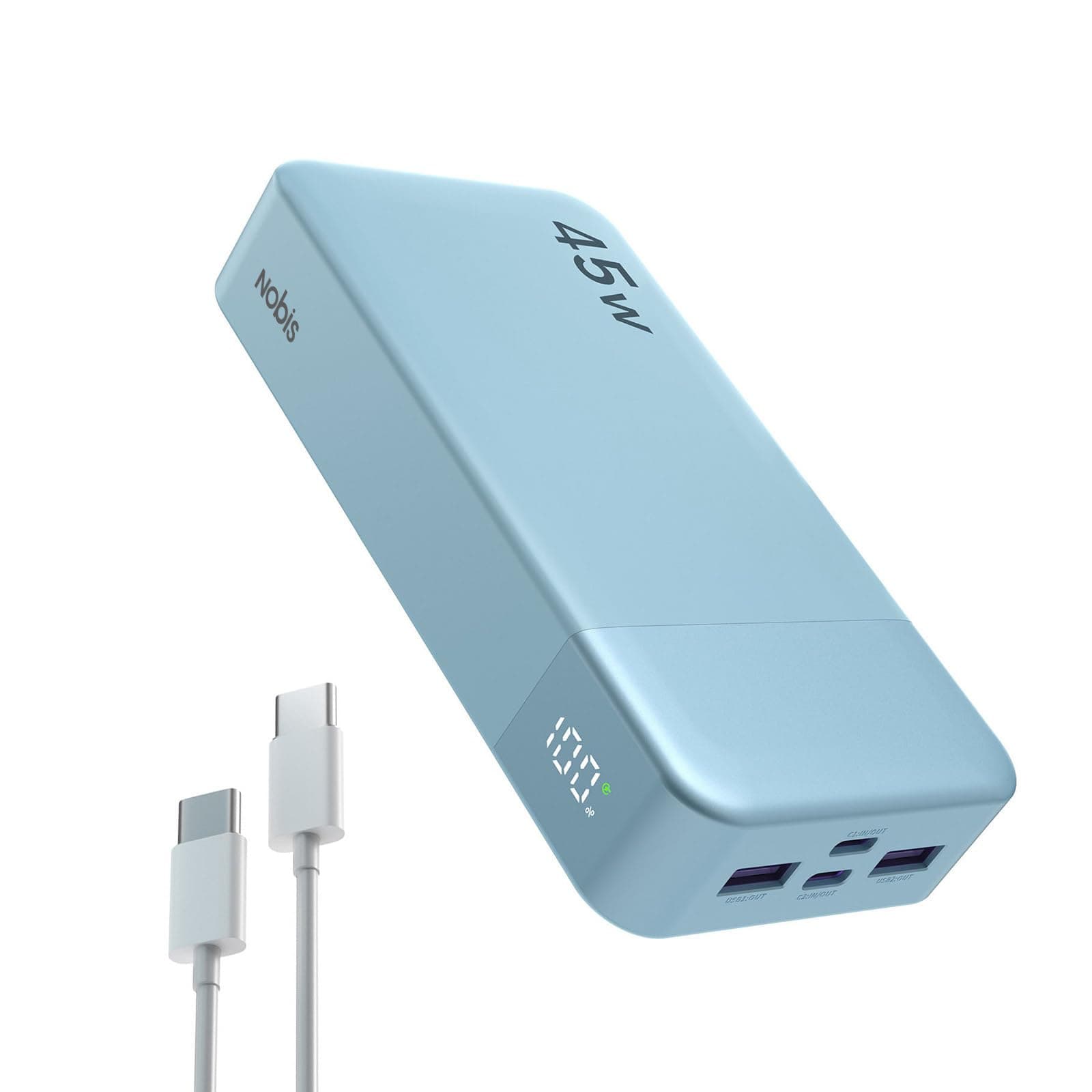 Nobis Batterie Externe 20000mAh Power Bank 45W Chargeur Externe Portable USB-C in & Out Charge Rapide, 4 Ports avec Affichage Numérique LED, Compatible avec MacBook, Phone 15 14 13 Pro S23 (Bleu)