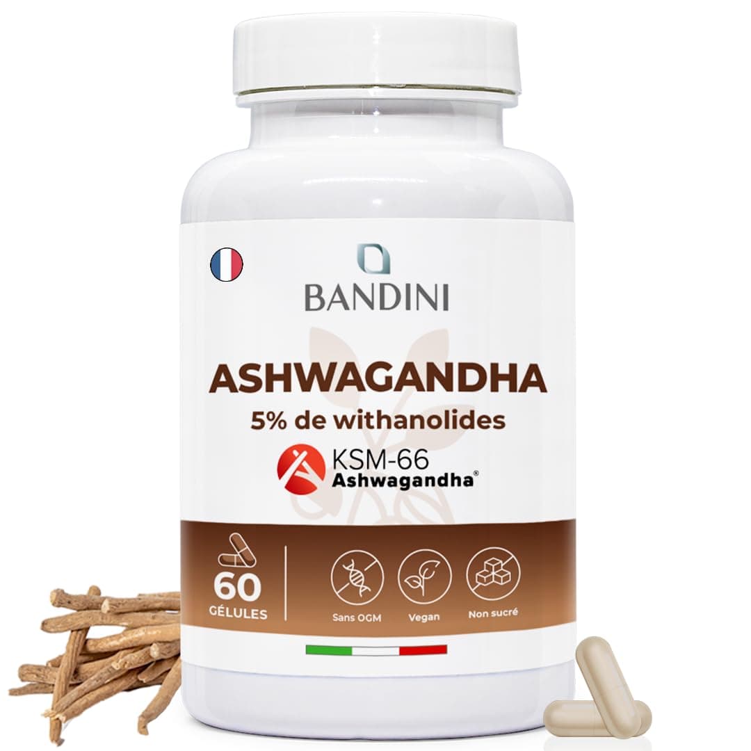Bandini® Ashwagandha KSM-66® Vegan - Withania Somnifera, 5% de witanolides - Qualité KSM-66 Pure - Stress, Sommeil, Énergie - Supplément de Poudre de Ginseng indien - Antioxydant naturel - 60 Gélules