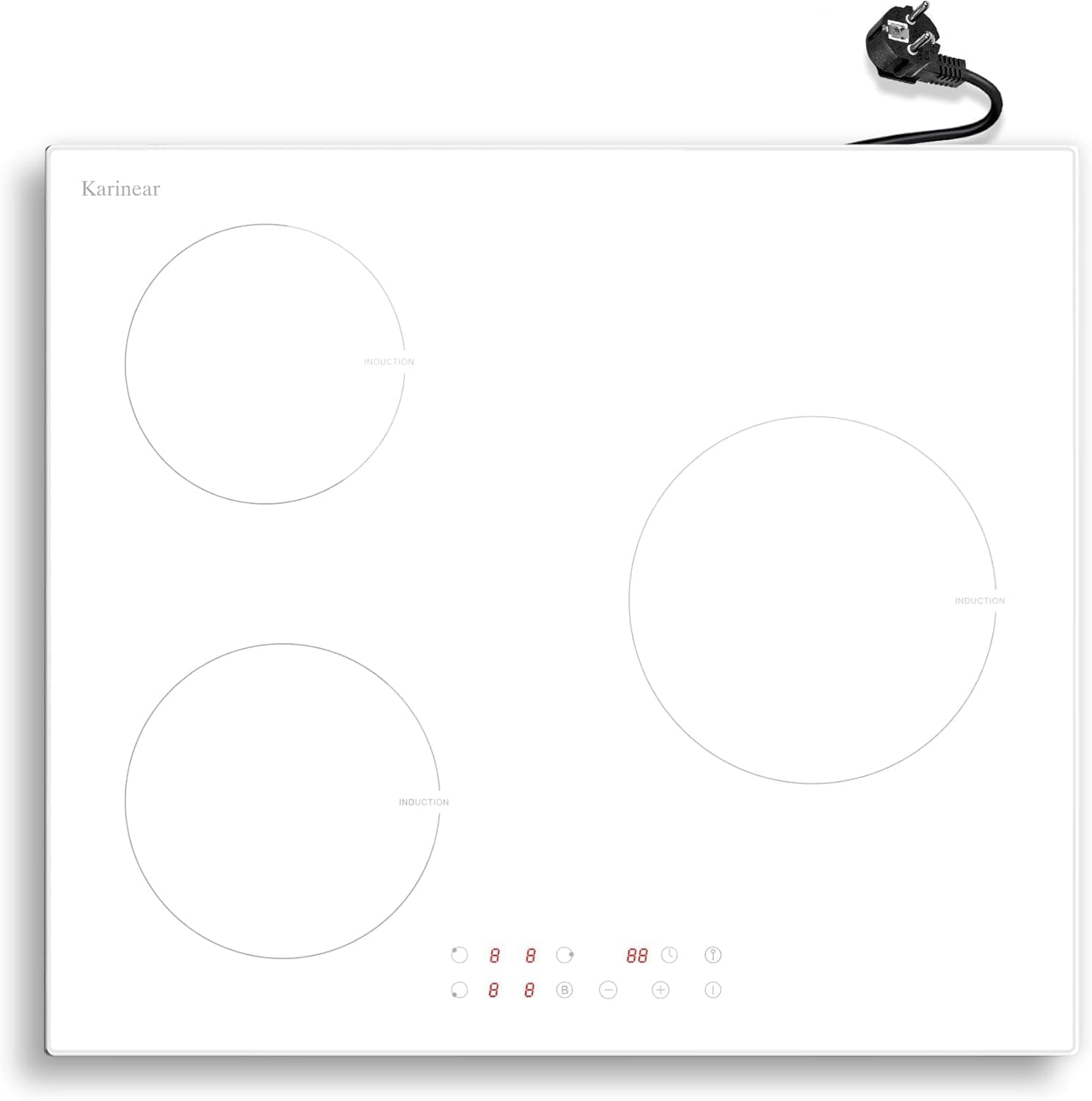 Karinear Placa Inducción 3 Fuegos con Enchufe, Función Boost, Integrada 3 Zonas 60 cm, Manejo Táctil, 9 Niveles de Potencia, Bloqueo de Seguridad, Temporizador, 220V~240V, 3500 W, Induccion Blanca
