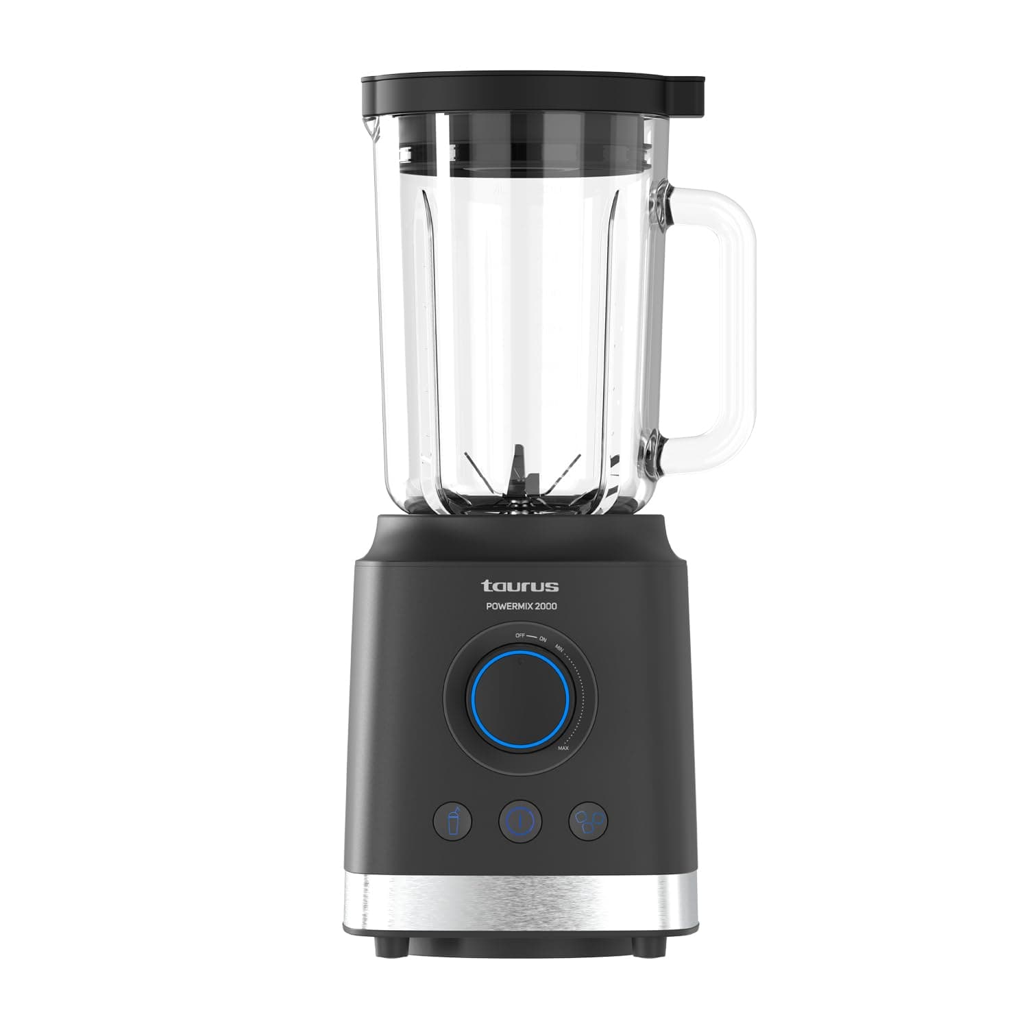 Taurus - Batidora de Vaso de Alta Potencia 2000 W | Jarra de Cristal 1,8 L | Cuchillas de Acero Inoxidable Extraíbles | 2 Funciones Automáticas + Turbo | Sistema de Seguridad | Libre de BPA