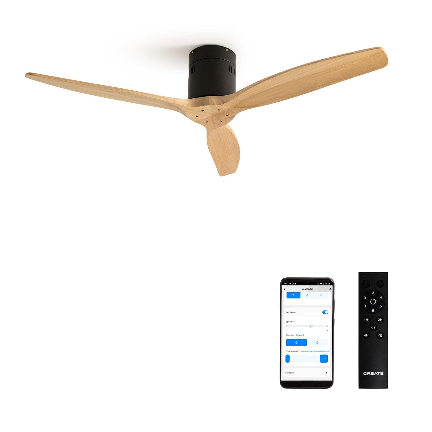 CREATE / WINDCALM M/Ventilateur de plafond ABS avec Wifi et télécommande noir pales effet bois clair / 40W, Silencieux, Ø132 cm, 6 vitesses, minuterie, été-hiver, double hauteur, moteur DC
