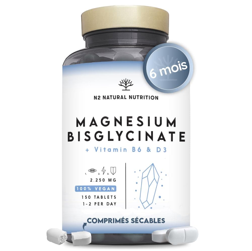 Magnésium Bisglycinate 450mg avec Vitamine B6 et D3. 150 Comprimés sécables pour 5 Mois. 2250 mg Bisglycinate de Magnesium Pur Haute Absorption. Sommeil, Stress, Muscles. Vegan. N2 Natural Nutrition