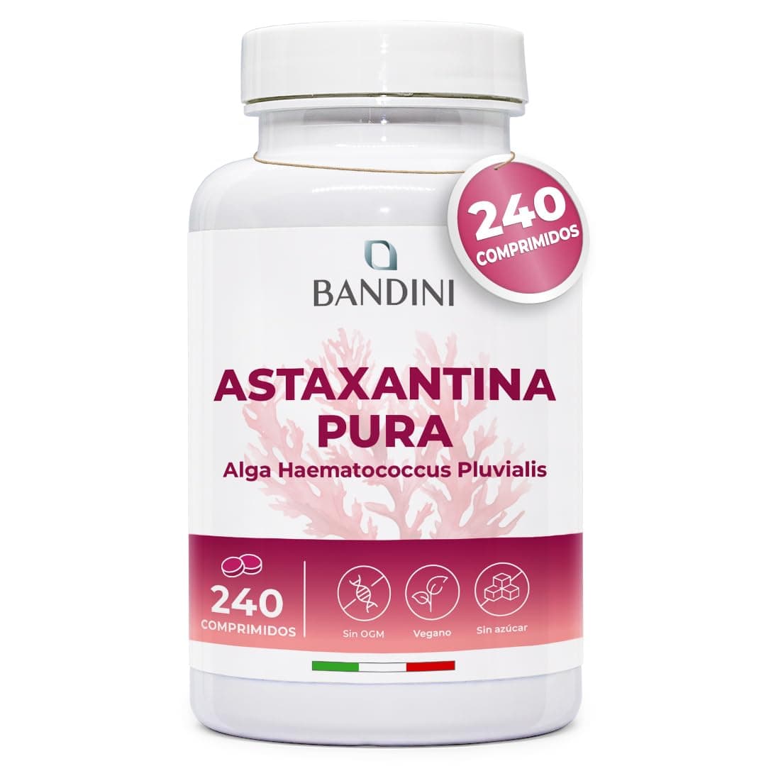 Bandini® Astaxantina 240 tabletas (suministro para 8 meses), Pura 8 mg por comprimido, Astaxanthin natural de microalga Haematococcus Pluvialis, sin estearato de magnesio, sin OGM, 100% vegano