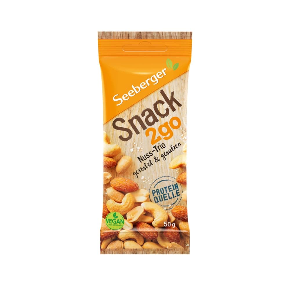 Seeberger Snack2go Nuss-Trio: Nuss-Kern-Mischung aus knackigen Mandeln, Erdnüssen und Cashewkernen - leckerer Begleiter in handlicher Größe - geröstet & gesalzen, vegan (12 x 50 g)
