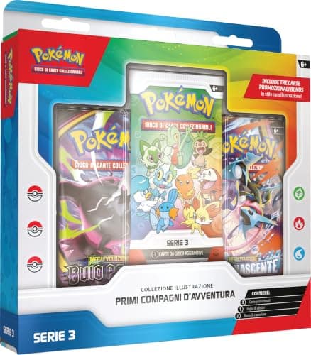 Pokémon: Colección ilustración Primeros compañeros de Aventura - Serie 3 del GCC Pokémon (3 Cartas promocionales, 2 Sobres de expansión y 1 Hoja de Pegatinas), edición en Italiano