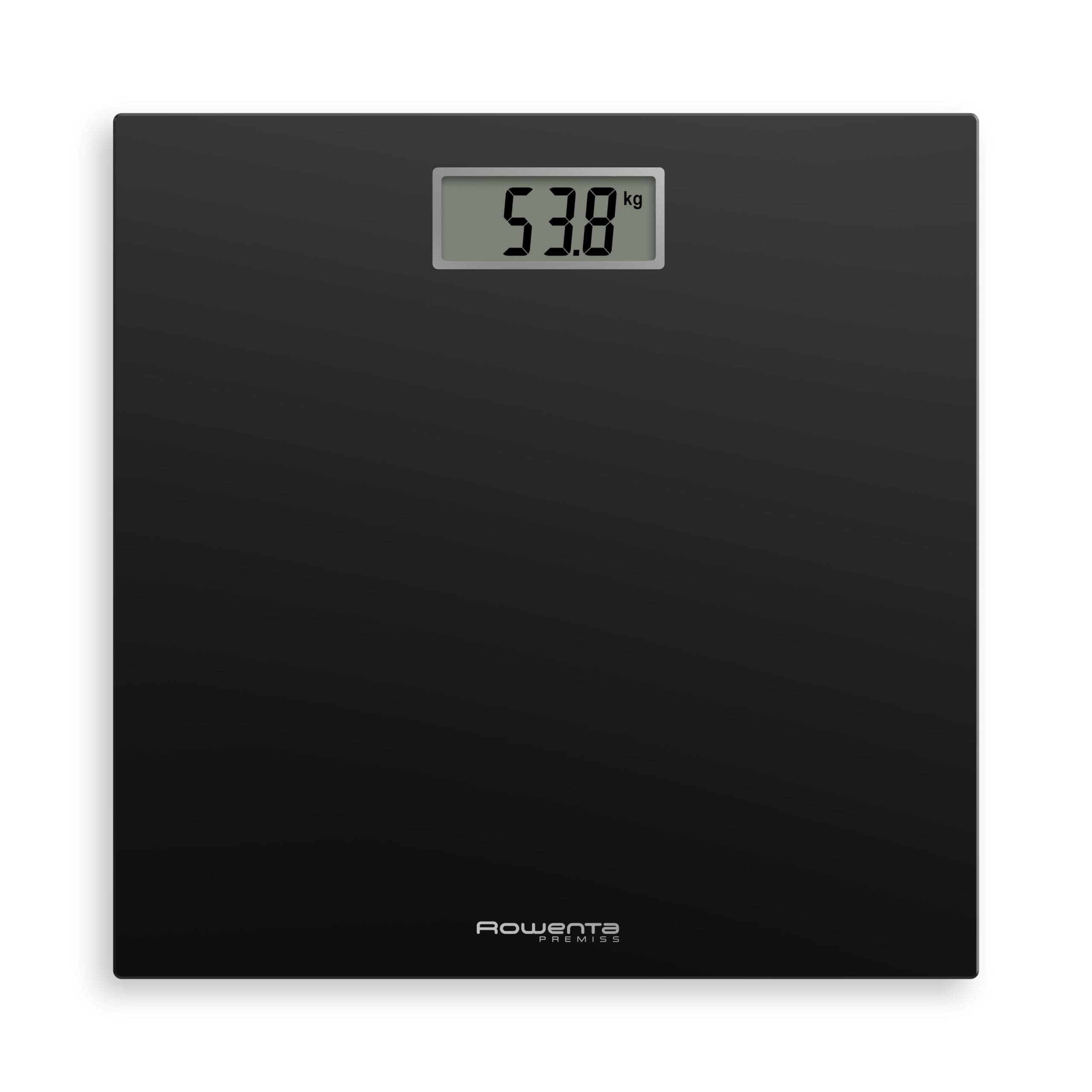 Rowenta Premiss - Báscula de baño con Pantalla LCD, diseño fino de 2cm de alto, hasta 150 kg y 100 gr precisión, encendido y apagado automático, Negro BS1400