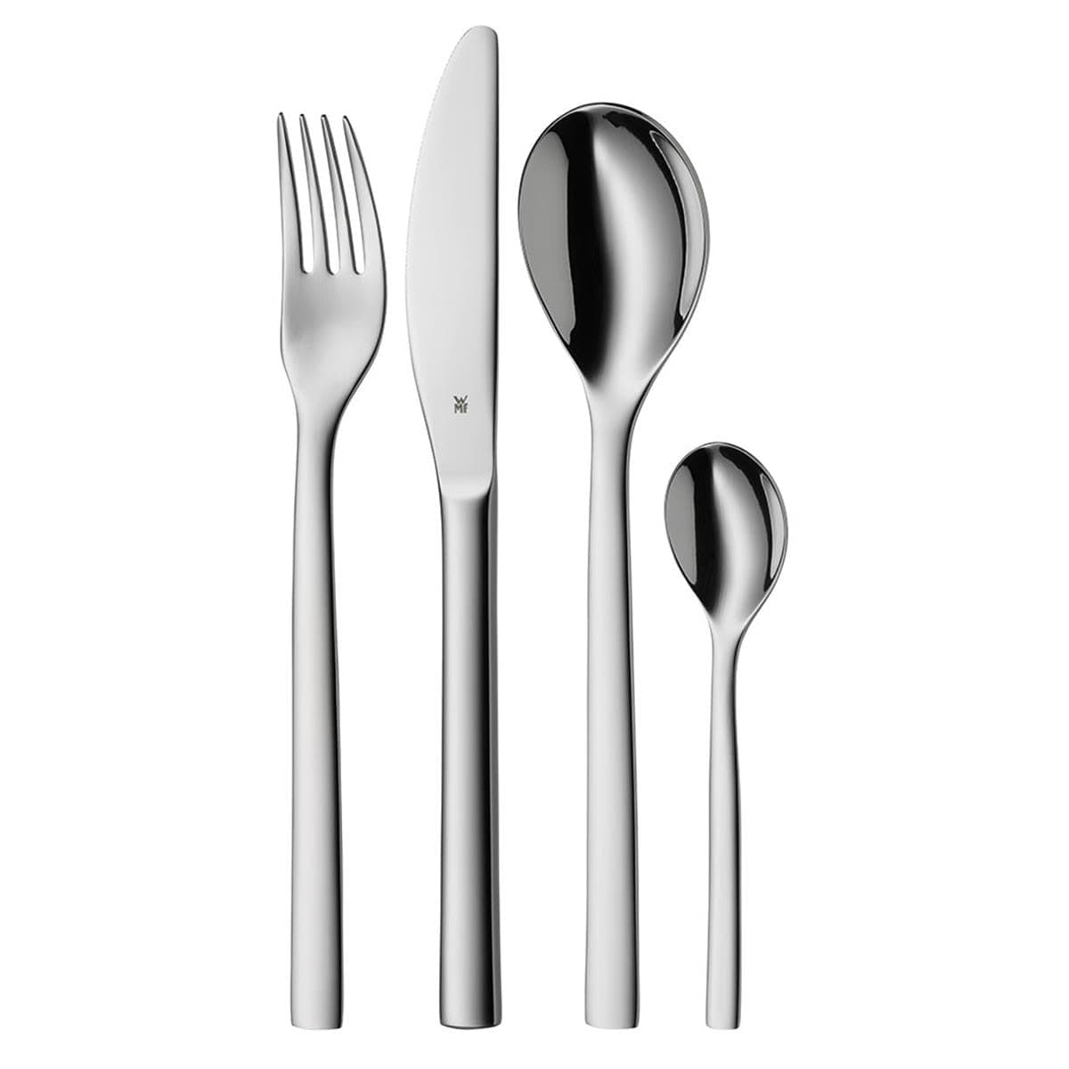 WMF Nuova Besteckset für 1 Person, 4-teilig, Monobloc-Messer, Cromargan Edelstahl poliert, spülmaschinengeeignet
