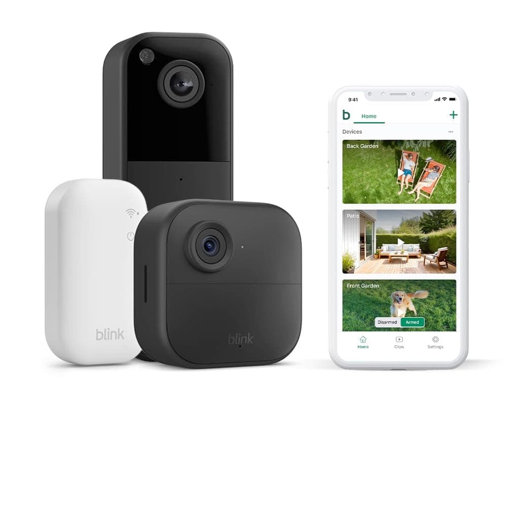Nuova videocamera Blink (Outdoor 4) + videocitofono supplementare Blink (nero) | Videocamera di sicurezza smart HD wireless | Sistema a 1 telecamera con Sync Module Core incluso | IP65