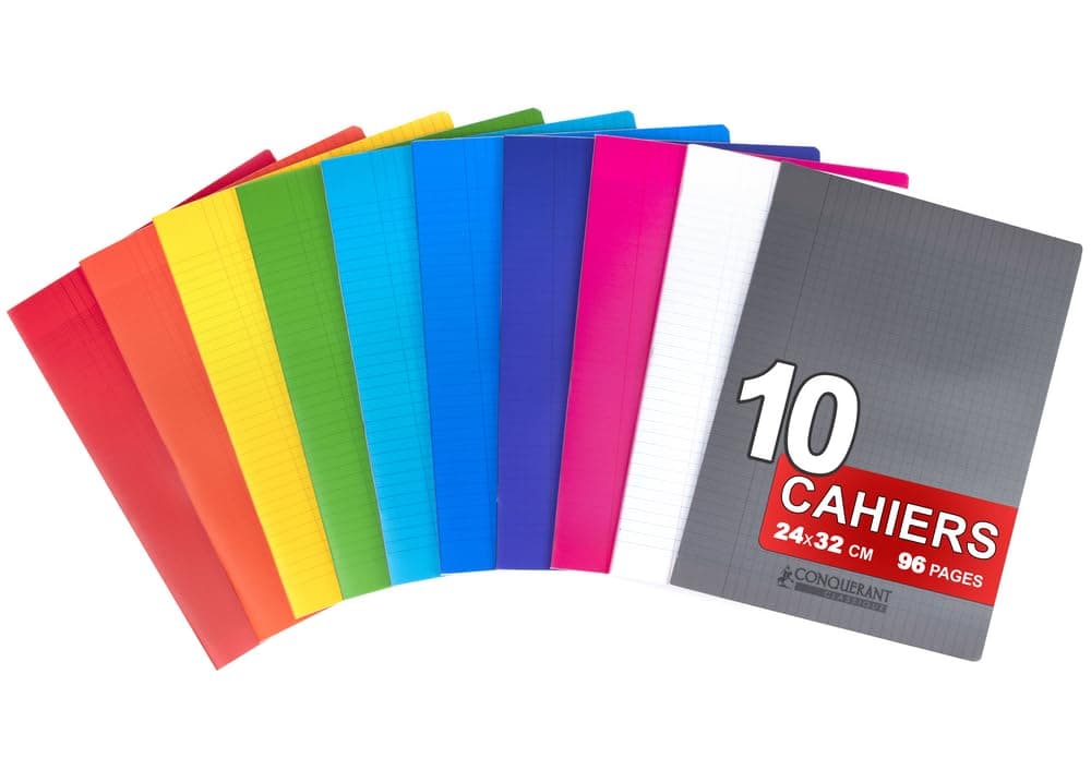 Conquérant Lot de 10 Cahiers 24x32 cm Grands Carreaux 96 Pages Agrafées Seyès Couleurs Assortis