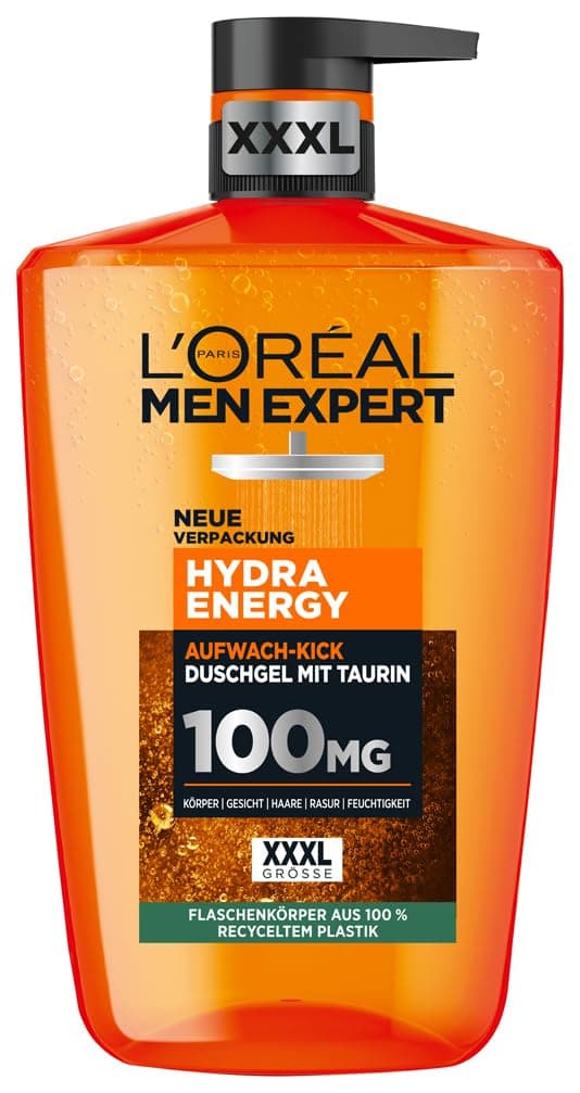 L'Oréal Men Expert XXXL Duschgel und Shampoo für Männer, Duschbad zur Reinigung von Körper, Haar und Gesicht, Herren Körperpflege für langanhaltende Frische mit Taurin, Hydra Energy, 1 x 1000 ml